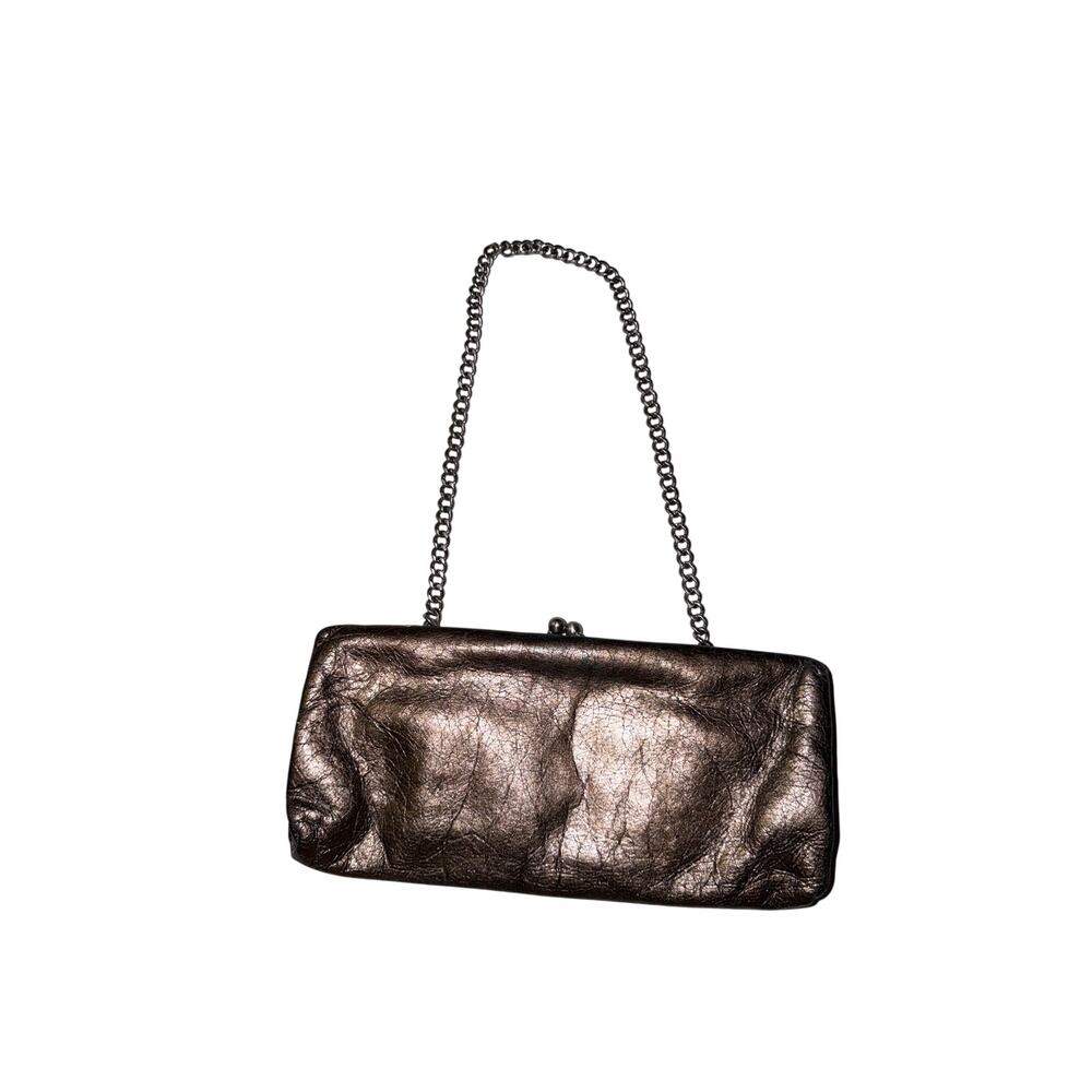 Hobo international metallic bronze leather snap top clutch with chain